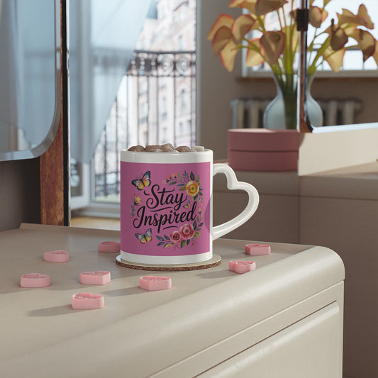 Stay Inspired Heart-Shaped Mug - Floral Design for Motivational Moments