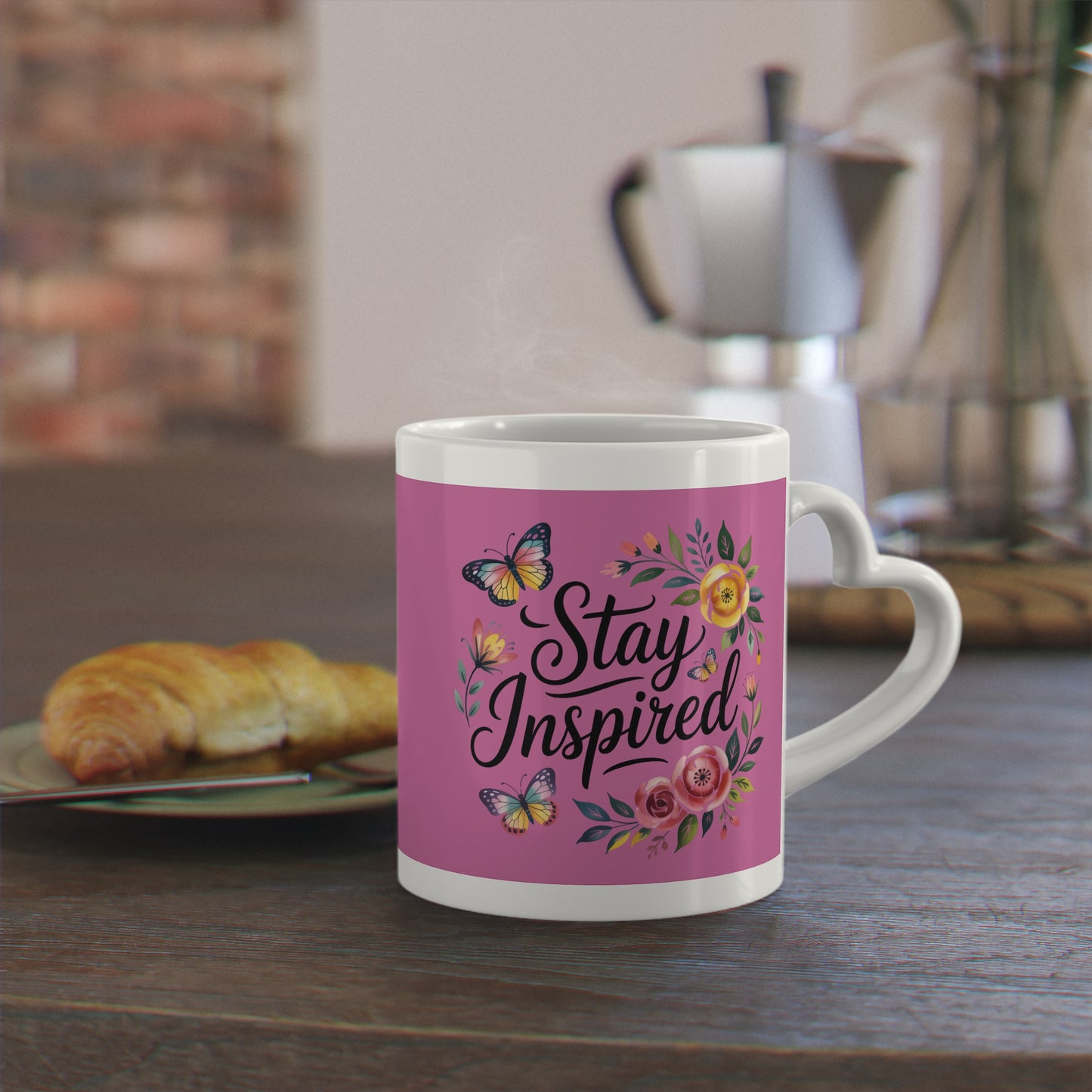 Stay Inspired Heart-Shaped Mug - Floral Design for Motivational Moments