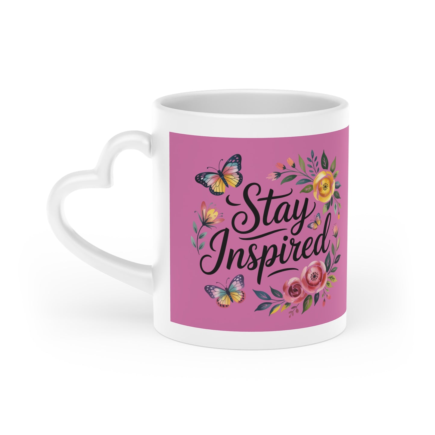Stay Inspired Heart-Shaped Mug - Floral Design for Motivational Moments